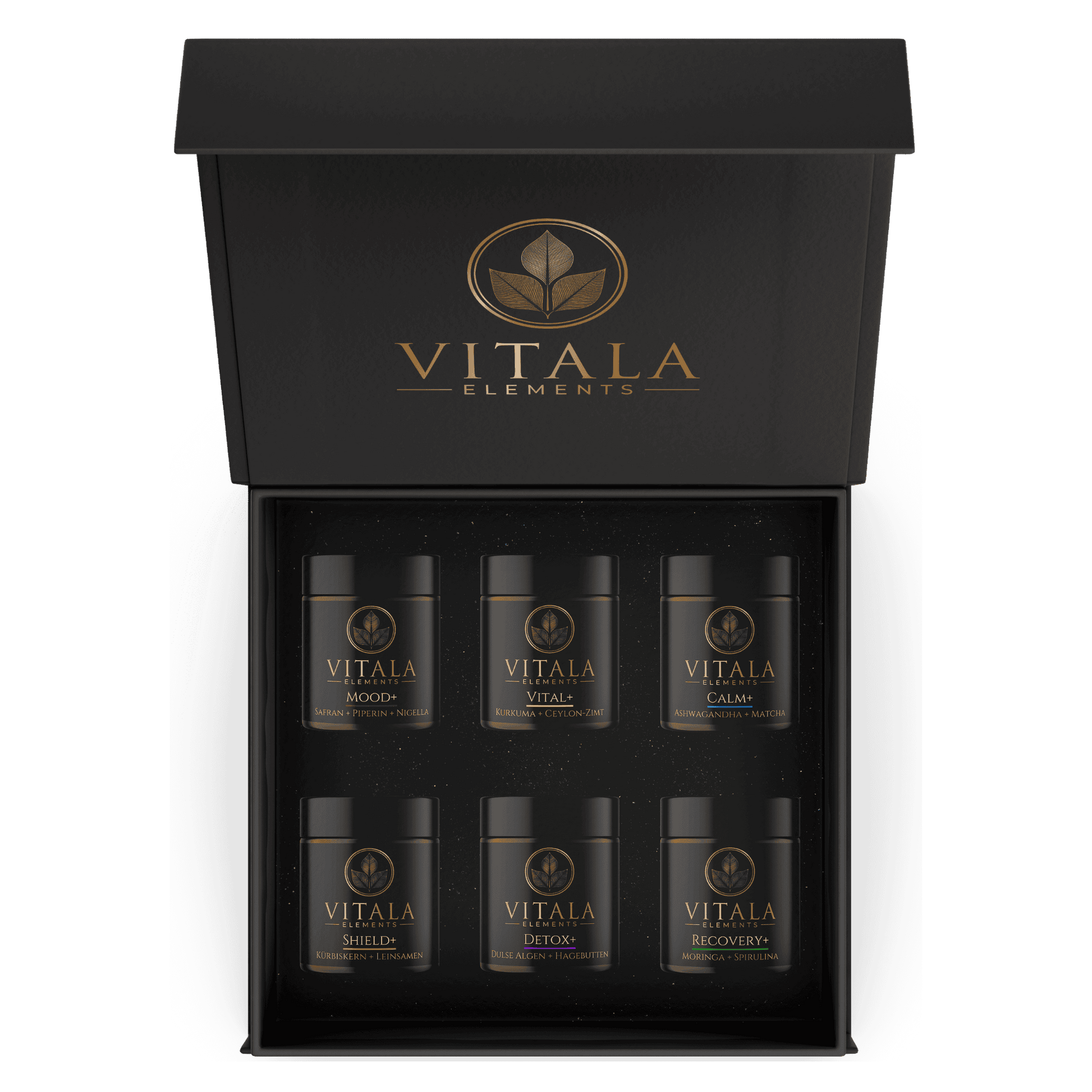 Daily 360° SET von VITALA Elements – die umfassende Nahrungsergänzung für ganzheitliche Gesundheit und Wohlbefinden. Enthält alle sechs VITALA Elements Kapseln: MOOD+, VITAL+, CALM+, SHIELD+, DETOX+ und RECOVERY+. Diese einzigartige Kombination versorgt den Körper mit essenziellen Nährstoffen, Antioxidantien und pflanzlichen Wirkstoffen für mehr Energie, Balance und Regeneration.