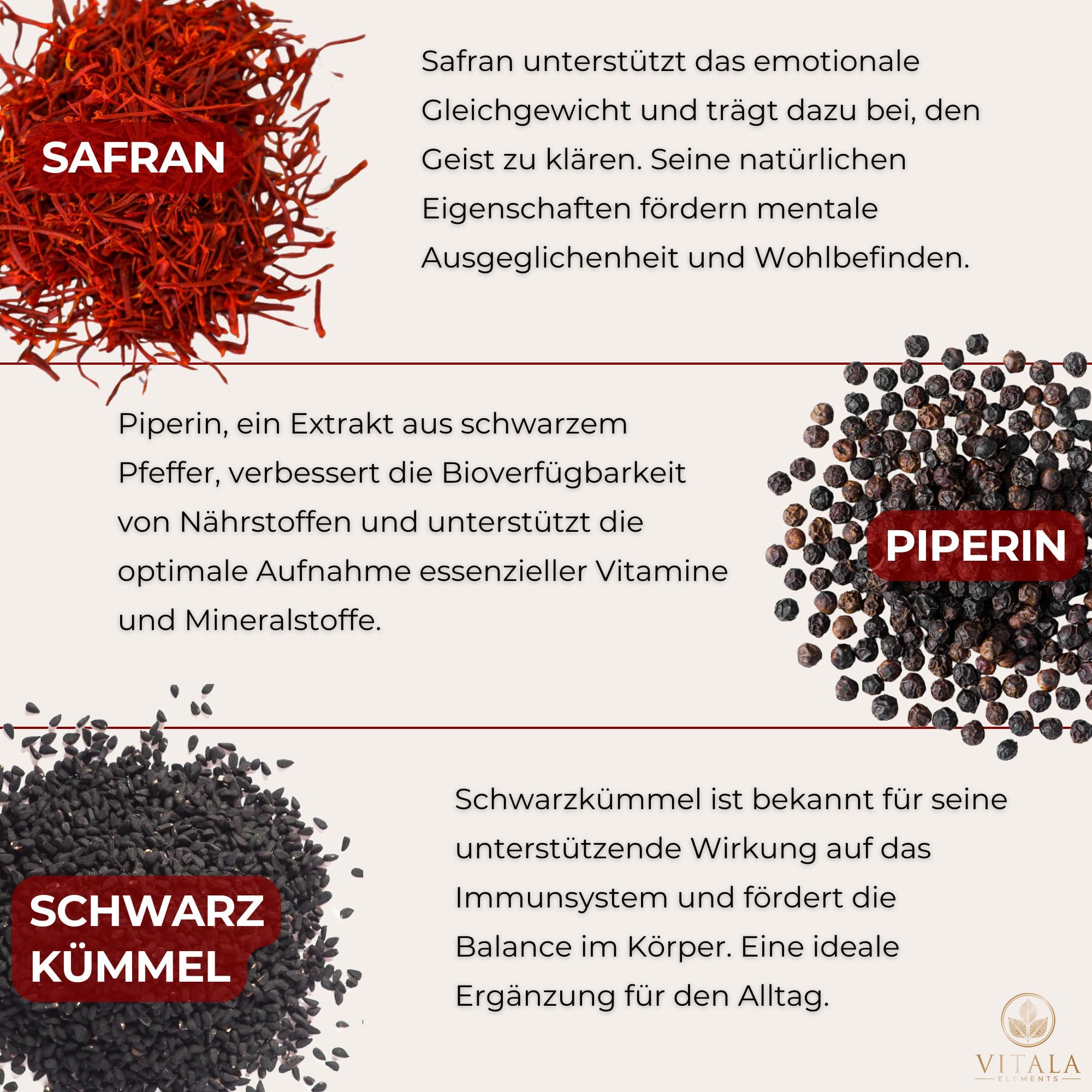 MOOD+ von VITALA Elements vereint die Kraft natürlicher Inhaltsstoffe: Safran für positive Stimmung, Piperin zur besseren Nährstoffaufnahme und Schwarzkümmel für das Immunsystem. Diese Nahrungsergänzung ist hochkonzentriert, vegan und frei von künstlichen Zusätzen für optimale Wirkung. Durch die synergistische Wirkung der Inhaltsstoffe entsteht eine ideale Unterstützung für geistige Klarheit und Wohlbefinden. Hochwertige, rein pflanzliche Inhaltsstoffe